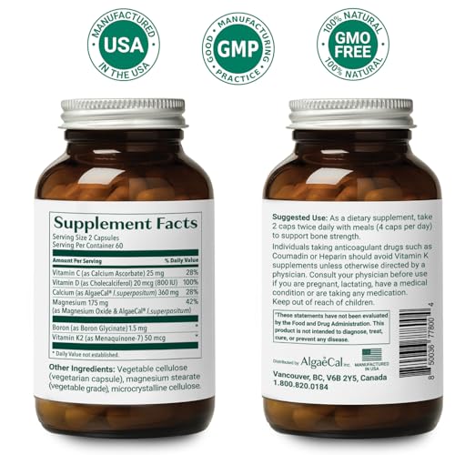 ALGAECAL Plus Organic Red Algae Calcium Supplement for Women, Vitamin K2 (100mg), Vitamin D3 (1600 IU), Magnesium (350mg) & Trace Minerals, for Improved Bone Strength, Easy to Swallow, 120 Veg Caps