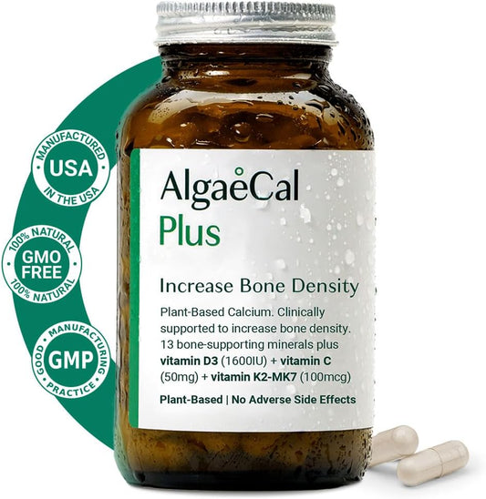 ALGAECAL Plus Organic Red Algae Calcium Supplement for Women, Vitamin K2 (100mg), Vitamin D3 (1600 IU), Magnesium (350mg) & Trace Minerals, for Improved Bone Strength, Easy to Swallow, 120 Veg Caps