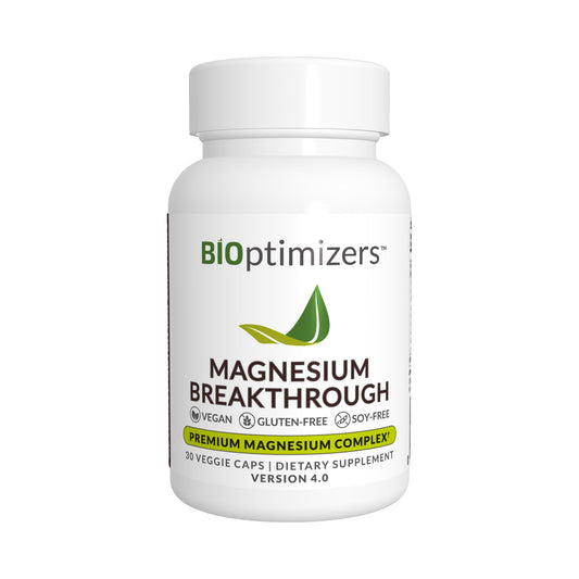 BiOptimizers Magnesium Breakthrough dietary supplement, labeled as vegan, gluten-free, and soy-free, with 'Premium Magnesium Complex' and 30 veggie caps – Version 4.0