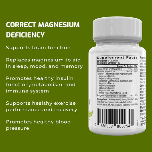 BiOptimizers Magnesium Breakthrough supplement bottle with supplement facts and health benefits listed, including support for brain function, sleep, mood, memory, insulin function, metabolism, immune system, exercise recovery, and blood pressure. Green background with white text highlighting benefits.