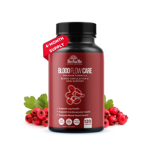 Herba Me Blood Flow Care supplement bottle with red berries and green leaves on a white background