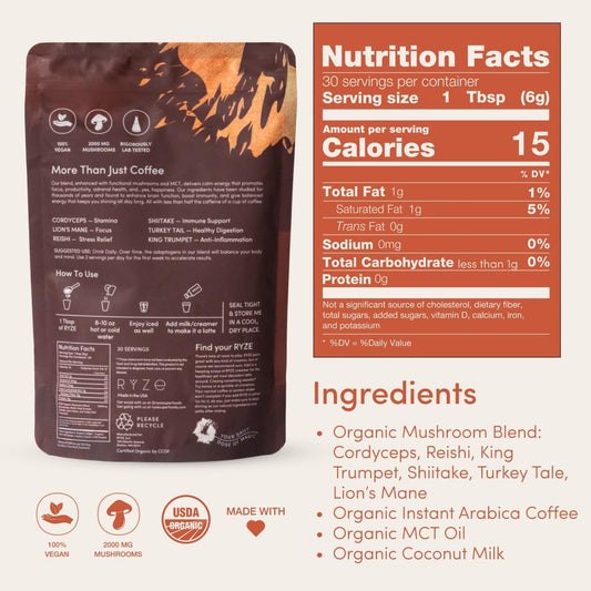 RYZE Mushroom Coffee Kit packaging featuring 30 servings of organic, all-natural mushroom coffee for energy and focus