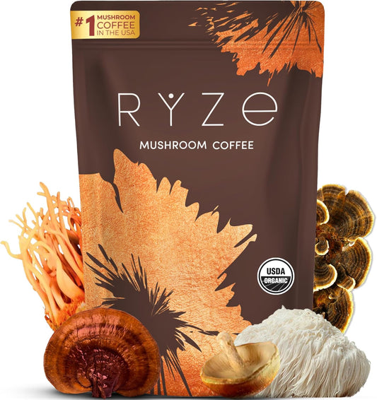 RYZE Mushroom Coffee Kit packaging featuring 30 servings of organic, all-natural mushroom coffee for energy and focus