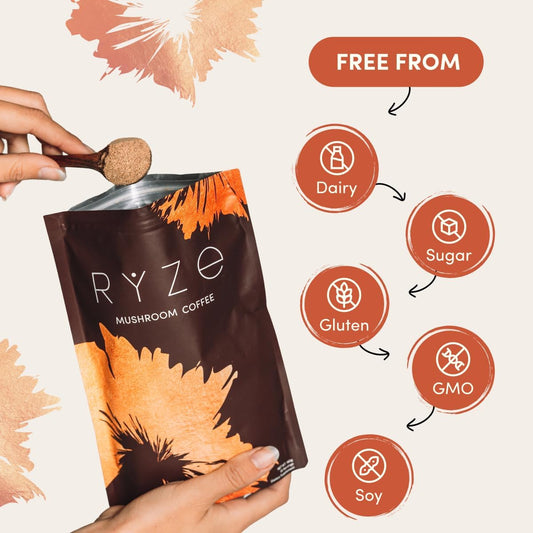 RYZE Mushroom Coffee Kit packaging featuring 30 servings of organic, all-natural mushroom coffee for energy and focus