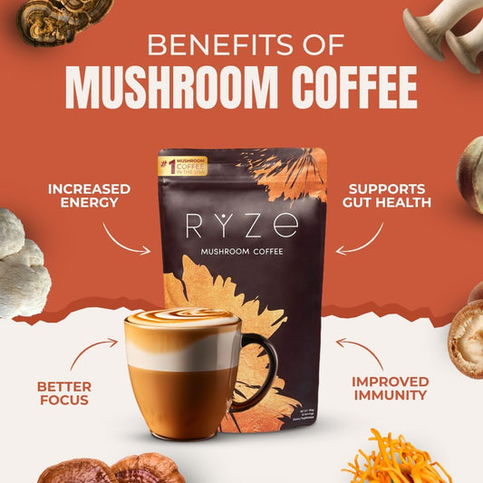 RYZE Mushroom Coffee Kit packaging featuring 30 servings of organic, all-natural mushroom coffee for energy and focus